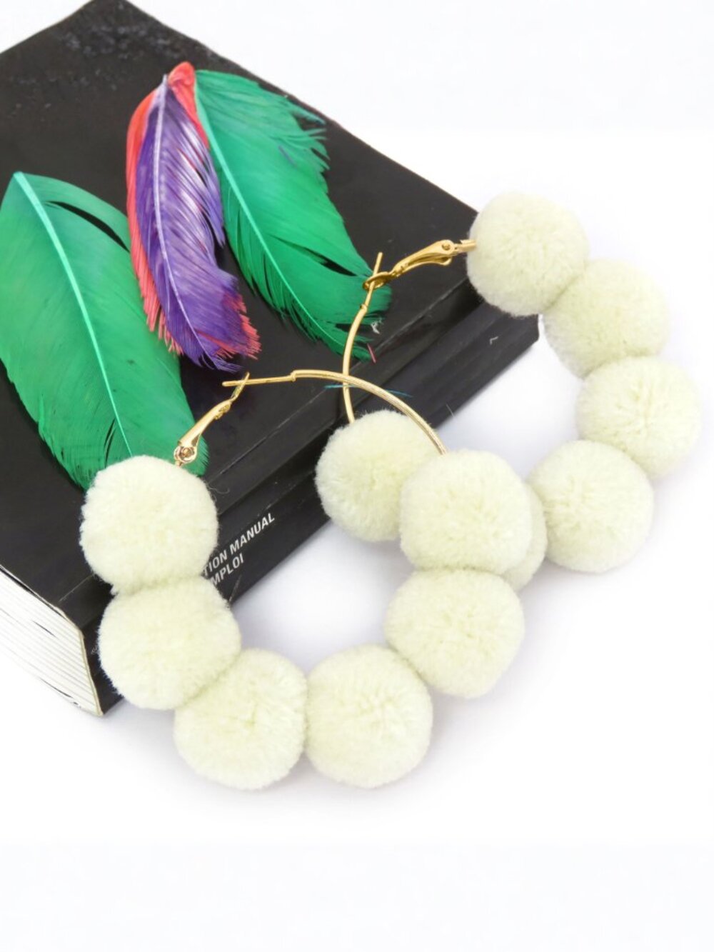 Boho Pom Pom Hoop Earrings for Women Off White Fur Ball Hoop Earrings